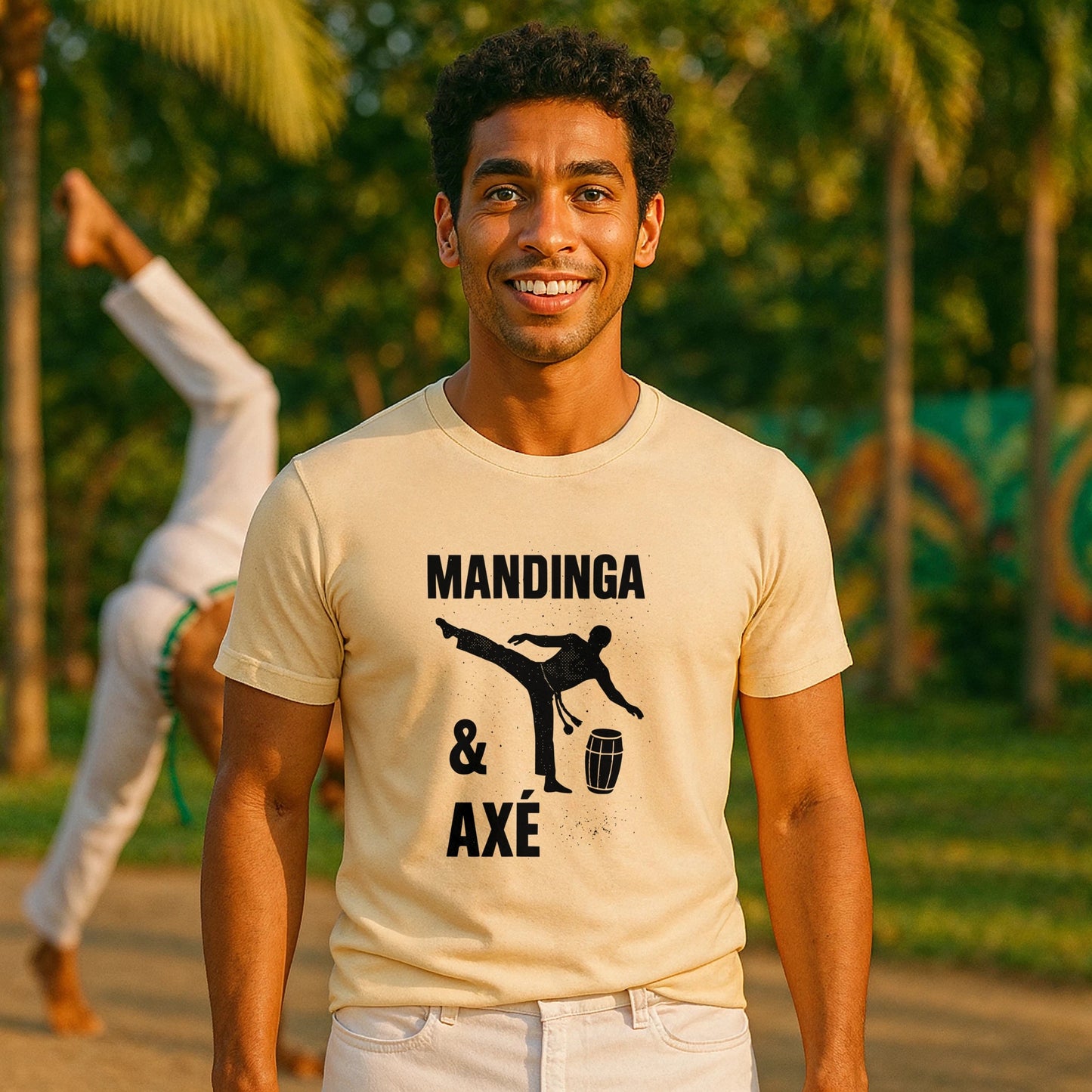 Mandinga Axe Capoeira Premium Unisex T-Shirt beige with Mandinga & Axé capoeira graphic, worn outdoors
