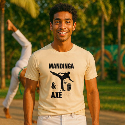 Mandinga Axe Capoeira Premium Unisex T-Shirt beige with Mandinga & Axé capoeira graphic, worn outdoors