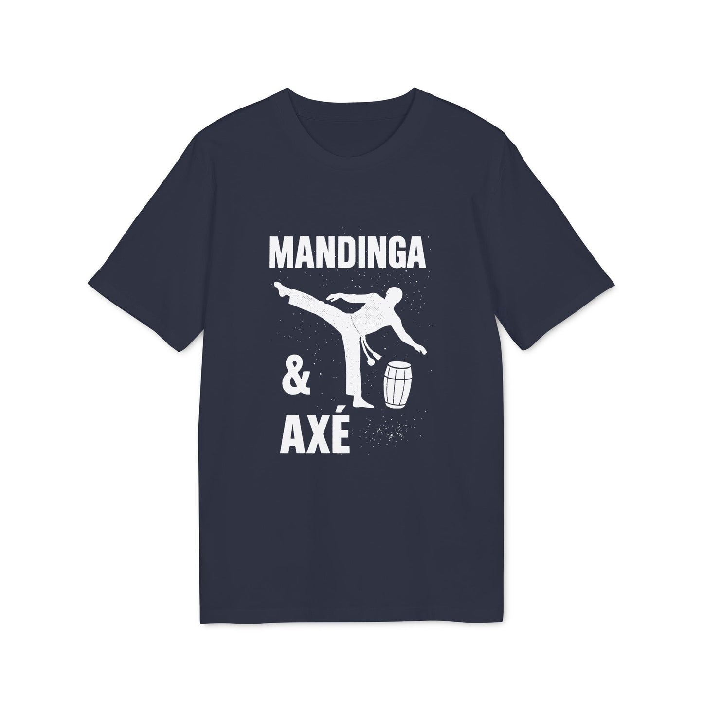Mandinga Axe Capoeira Premium Unisex T-Shirt navy tee with Mandinga & Axé print, capoeira kick silhouette and drum graphic