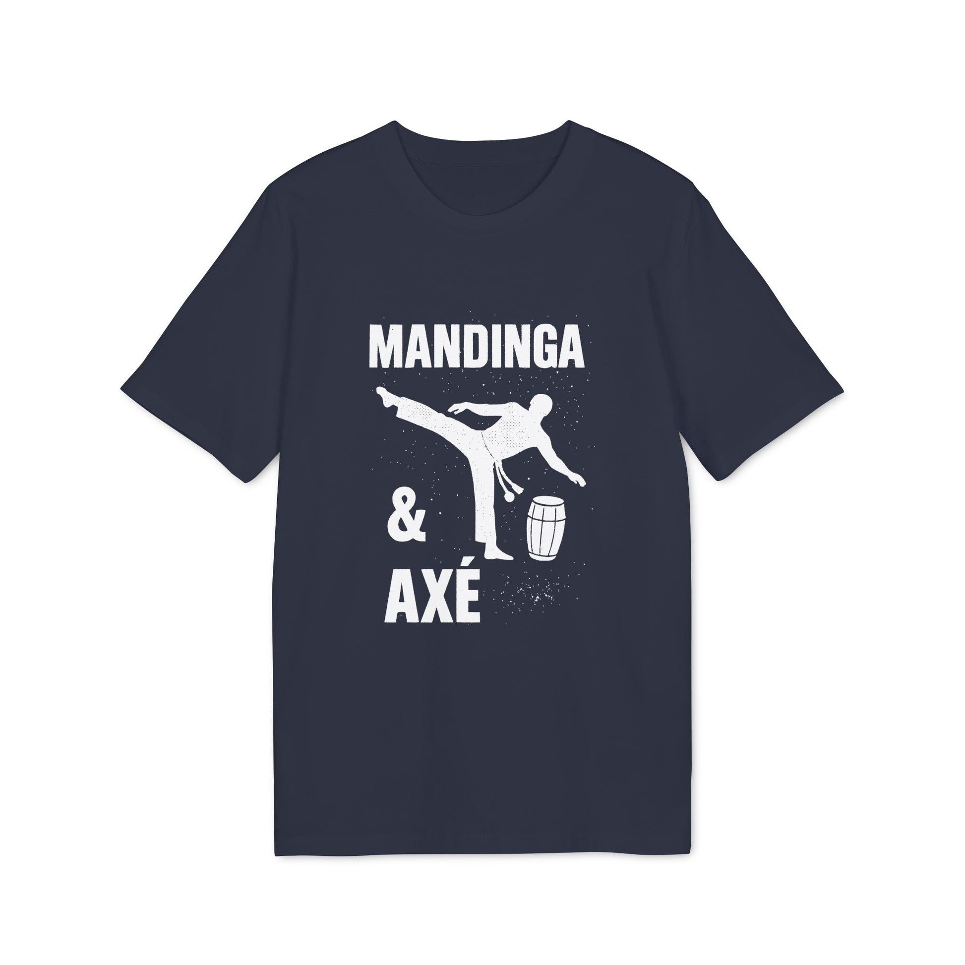 Mandinga Axe Capoeira Premium Unisex T-Shirt navy tee with Mandinga & Axé print, capoeira kick silhouette and drum graphic