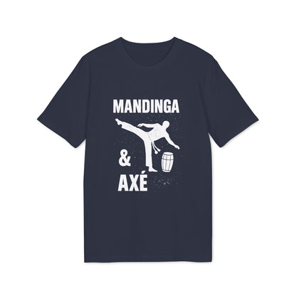 Mandinga Axe Capoeira Premium Unisex T-Shirt navy tee with Mandinga & Axé print, capoeira kick silhouette and drum graphic