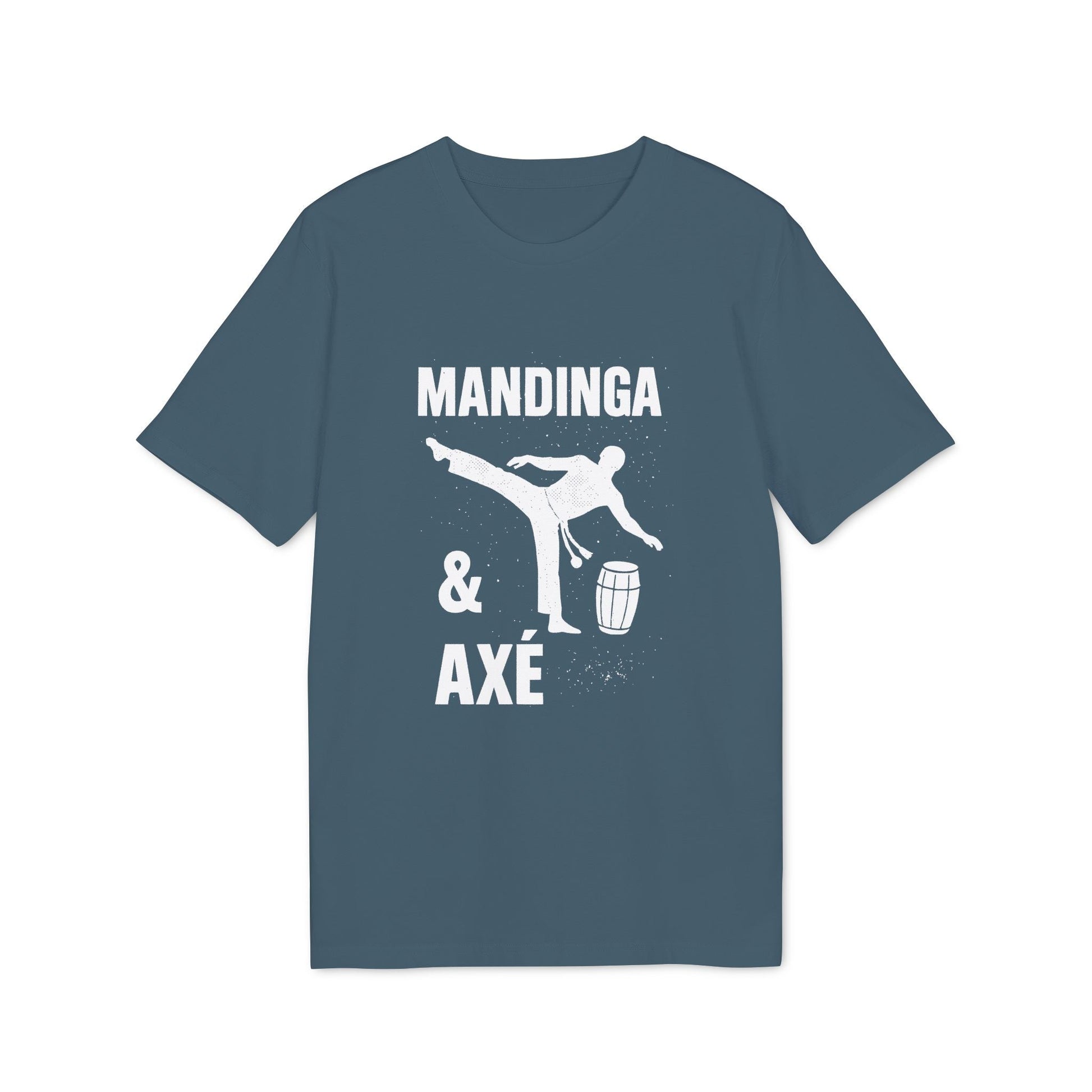 Mandinga Axe Capoeira Premium Unisex T-Shirt blue graphic tee with capoeira kick silhouette, drum and “MANDINGA & AXÉ” text