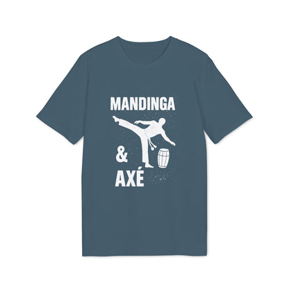 Mandinga Axe Capoeira Premium Unisex T-Shirt blue graphic tee with capoeira kick silhouette, drum and “MANDINGA & AXÉ” text