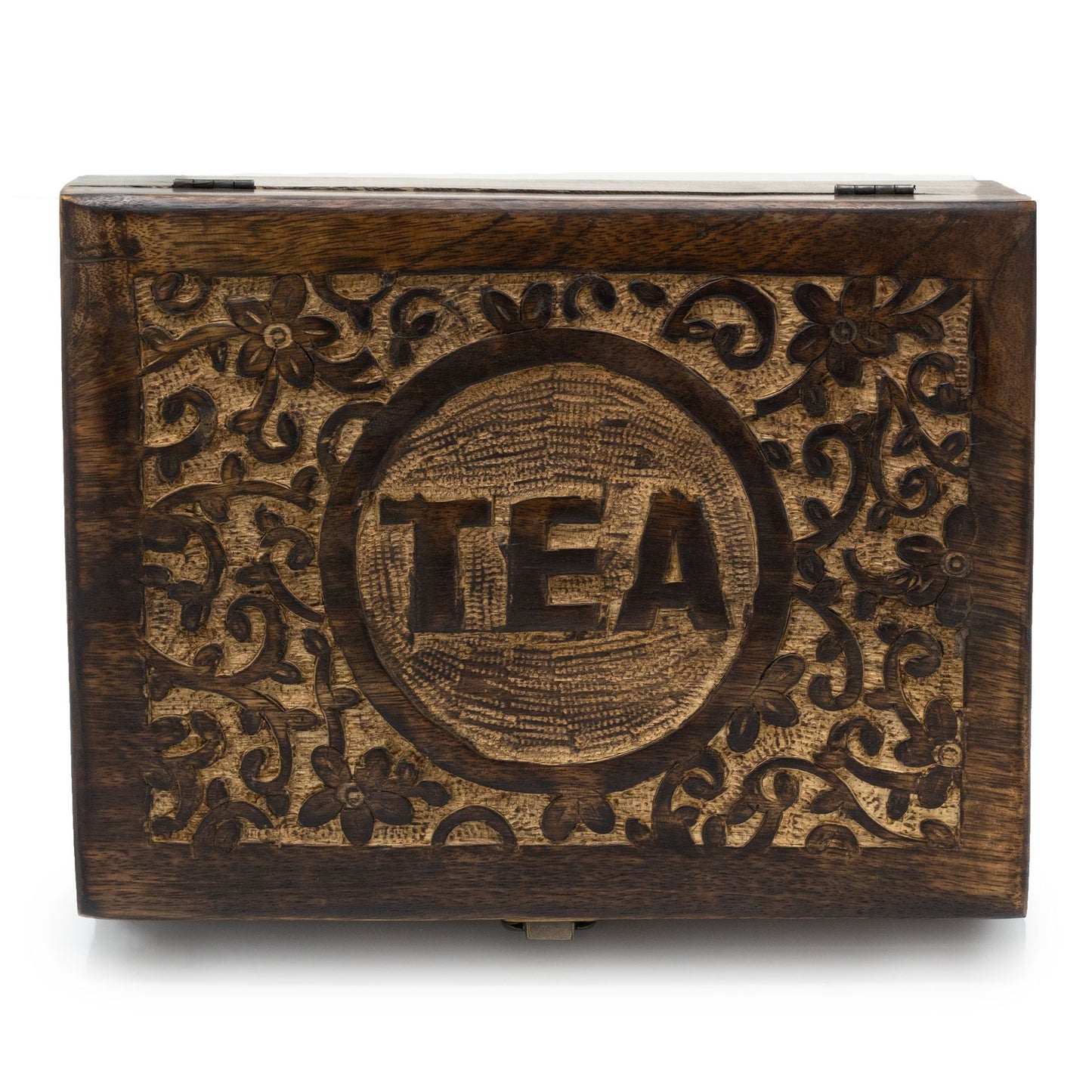 Alt Tag: Snidad teaskrin i mangoträ (12 fack) – 30 × 23 × 10 CM handgjort teaskrin i mangoträ med snidat blommigt lock och TEA-emblem