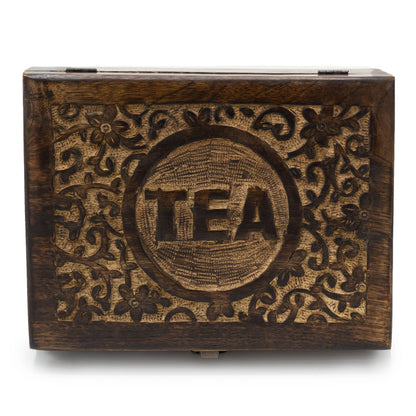Alt Tag: Snidad teaskrin i mangoträ (12 fack) – 30 × 23 × 10 CM handgjort teaskrin i mangoträ med snidat blommigt lock och TEA-emblem