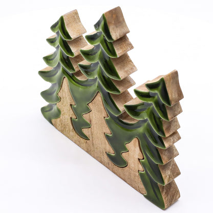 Mango Wood 3D Decoration – 20x23 CM, 3D-dekoration i mangoträ med träd i lager och blank grön emaljfinish