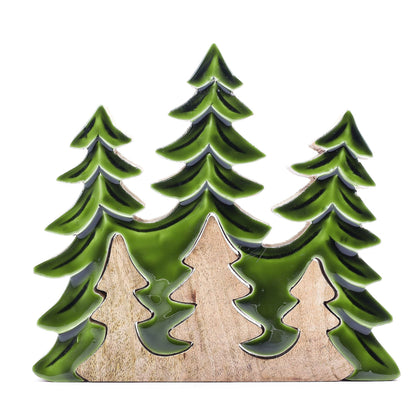 3D-dekoration i mangoträ – 20x23 CM, dekoration i mangoträ med träd i relief och glänsande grön emalj