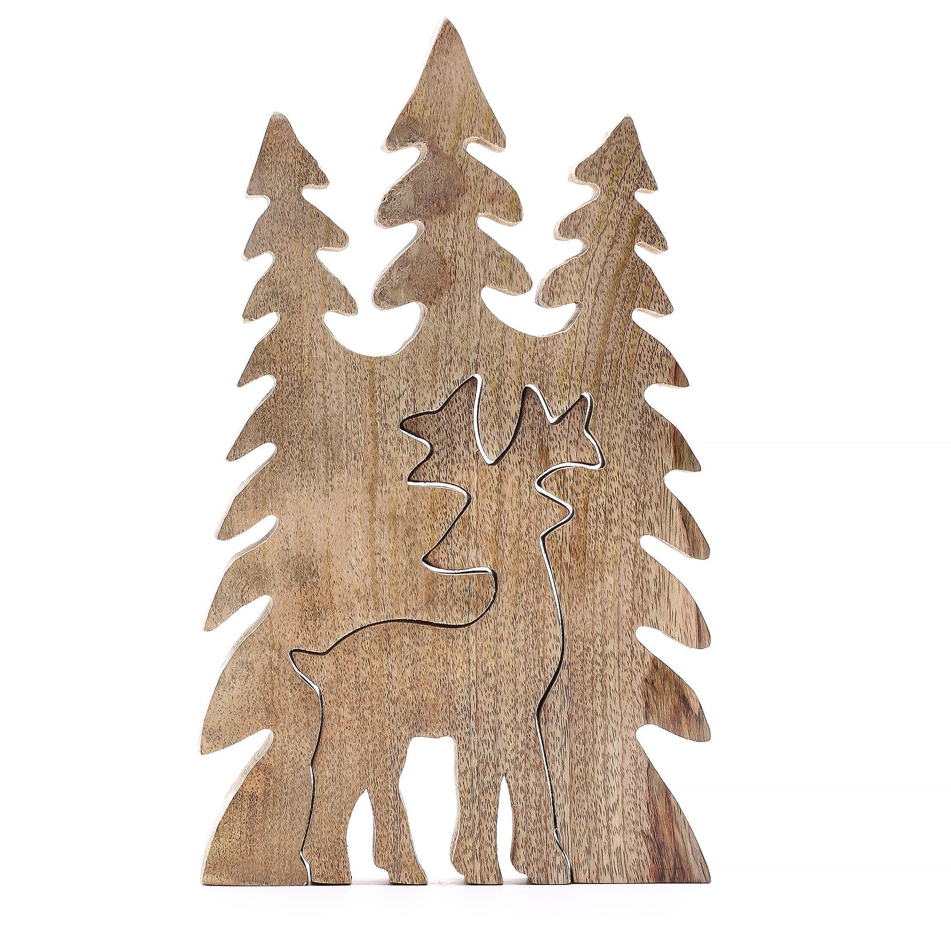 Alt Tag: 3D-dekoration i mangoträ – 23x15 CM, dekoration i mangoträ med upphöjd siluett av hjort och tallar