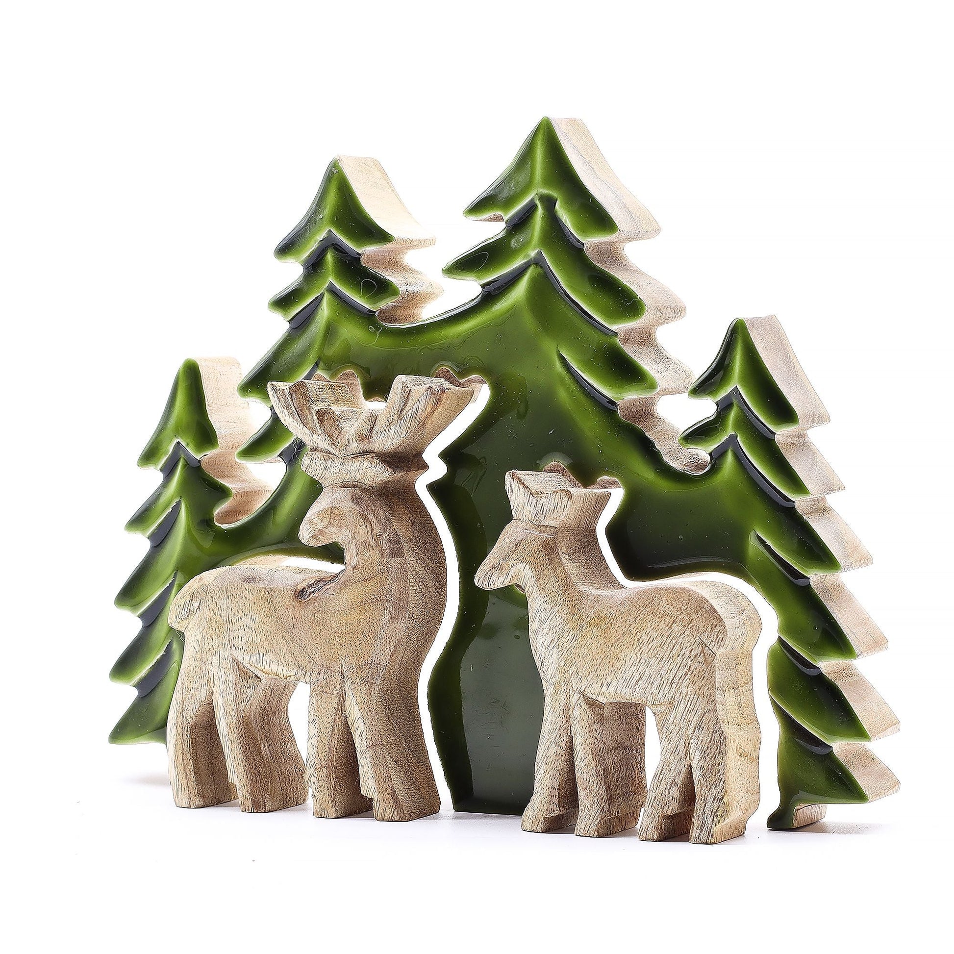 Mango Wood 3D Deer Decoration – 18x23CM, 3D-dekoration i mangoträ med hjortar och träd, grön emalj