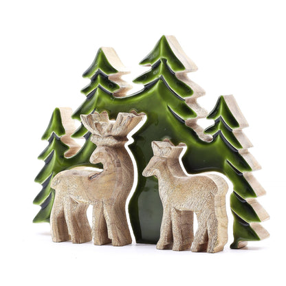 Mango Wood 3D Deer Decoration – 18x23CM, 3D-dekoration i mangoträ med hjortar och träd, grön emalj