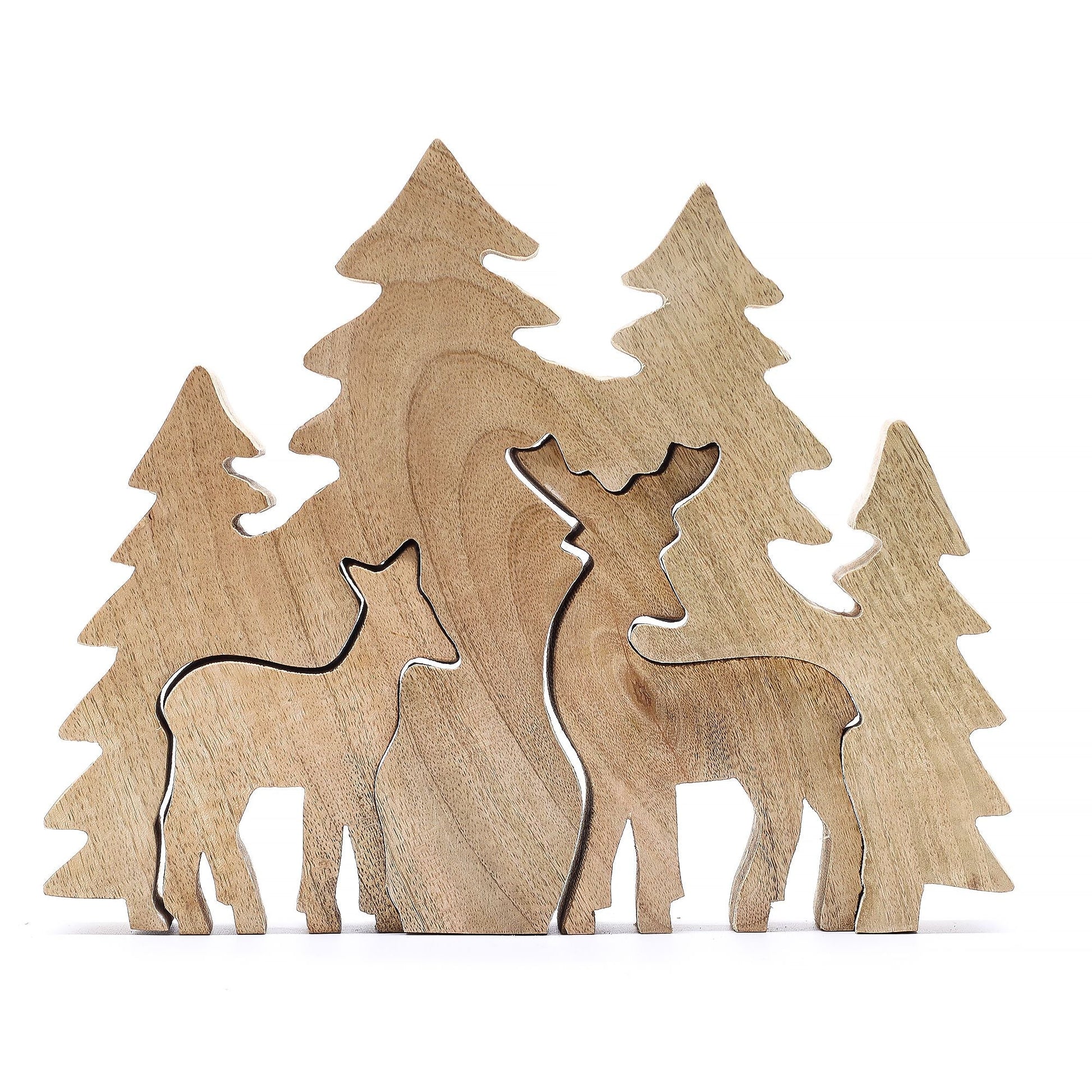 3D-hjortdekoration i mangoträ – 18x23CM, hjort- och skogsfigurer i mangoträ med naturlig finish