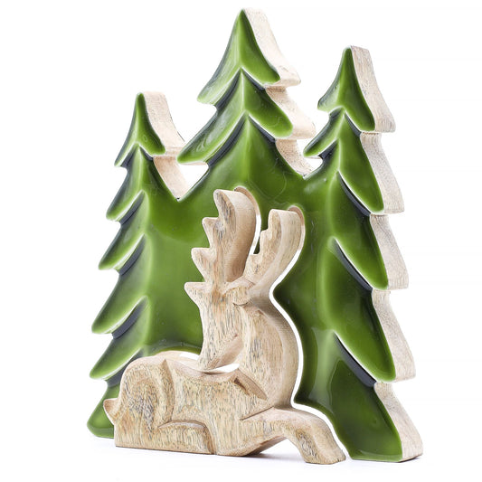 Mango Wood 3D Stag Decoration – 23x20 CM in mango wood with green enamel forest tree backdrop, handcrafted wooden decor