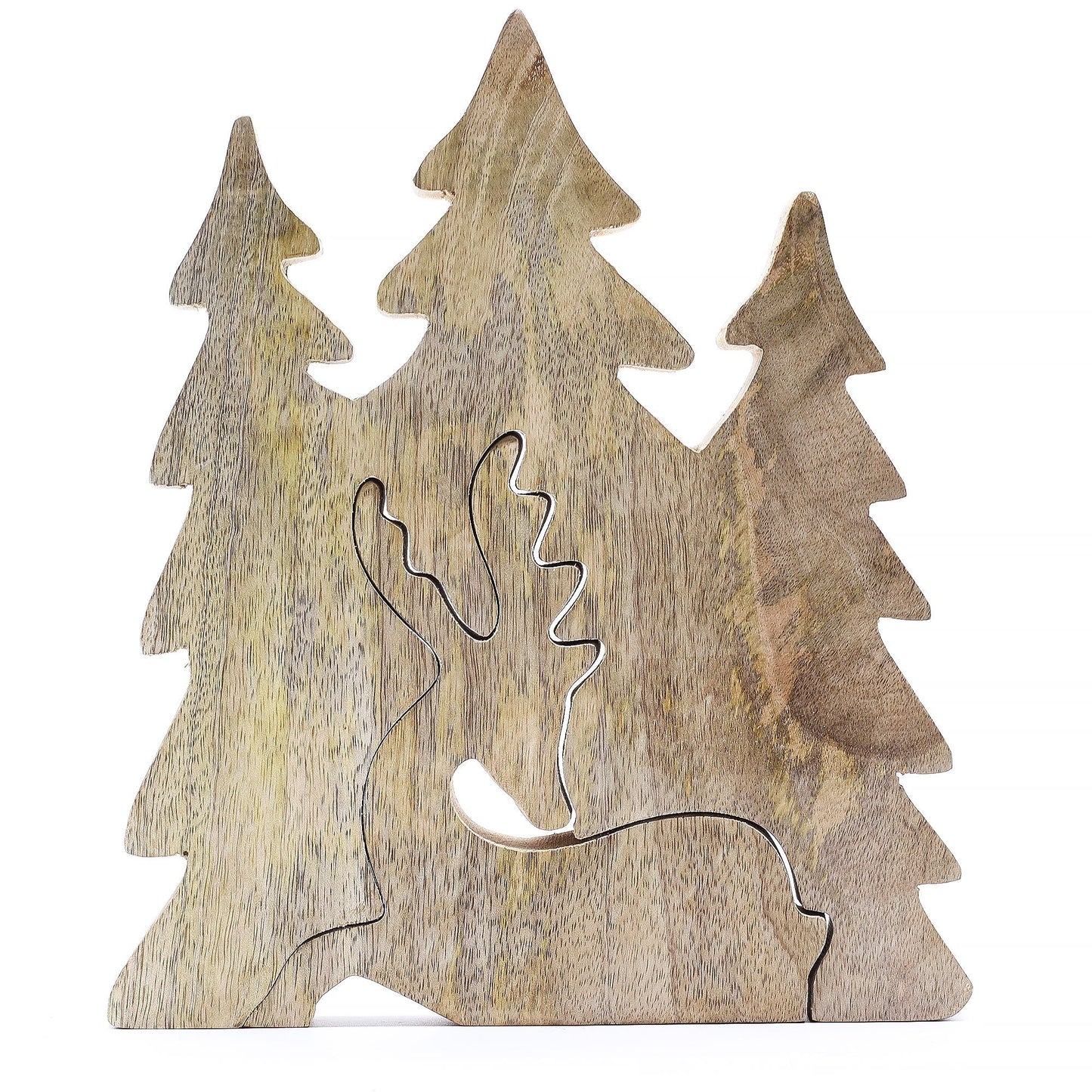 Mango Wood 3D Hjortdekoration – 23x20 CM träscen med skogstema med hjortkontur och tallar, naturlig finish