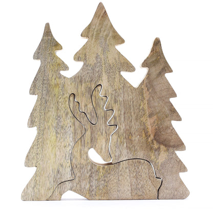 Mango Wood 3D Hjortdekoration – 23x20 CM träscen med skogstema med hjortkontur och tallar, naturlig finish