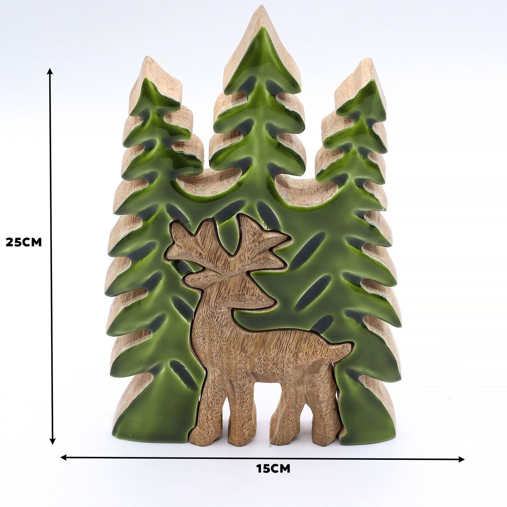 3D-dekoration i mangoträ – 23x15 CM, dekoration i mangoträ med 3D-hjort och tallar, glänsande grön emalj