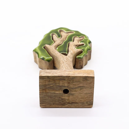 Alt Tag: Mango Wood 3D Tree Ornament – 20x10 CM, handcrafted mango wood tree decor with green enamel details on white background