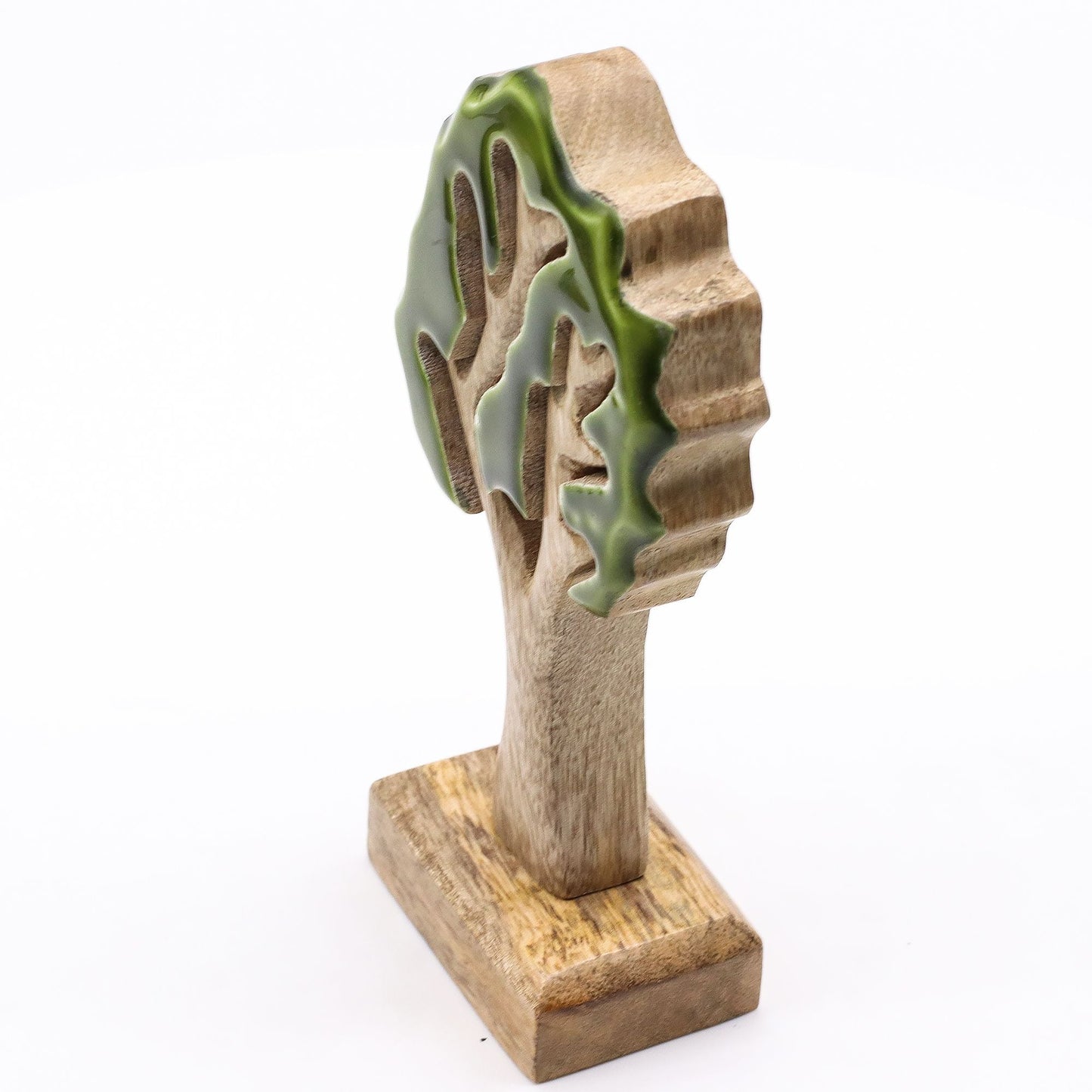 Mango Wood 3D Tree Ornament – 20x10 CM, handcrafted single tree decor with green enamel detail on wooden base