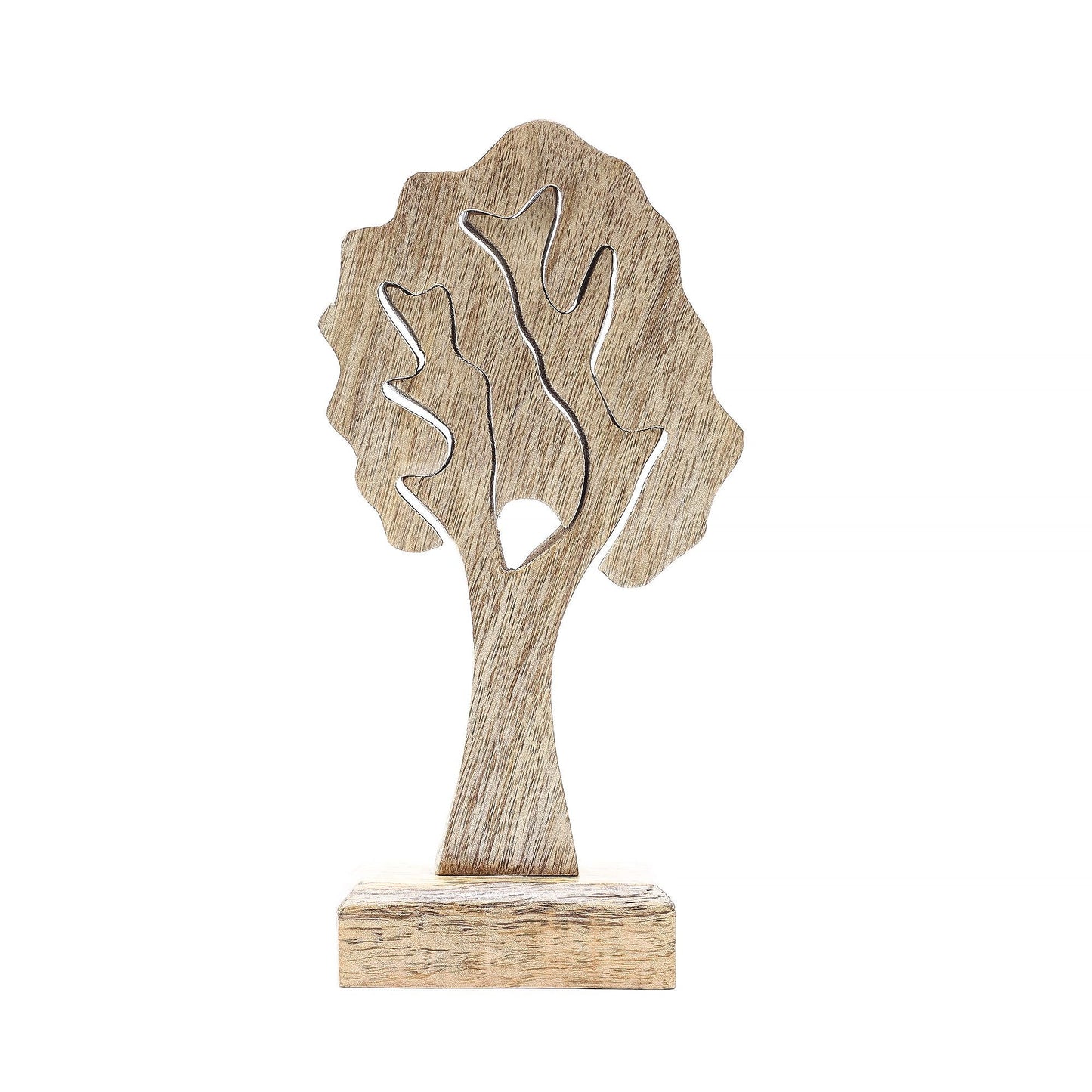 Alt Tag: Mango Wood 3D Tree Ornament – 20x10 CM, handcrafted mango wood tree decoration with green enamel details on wooden base