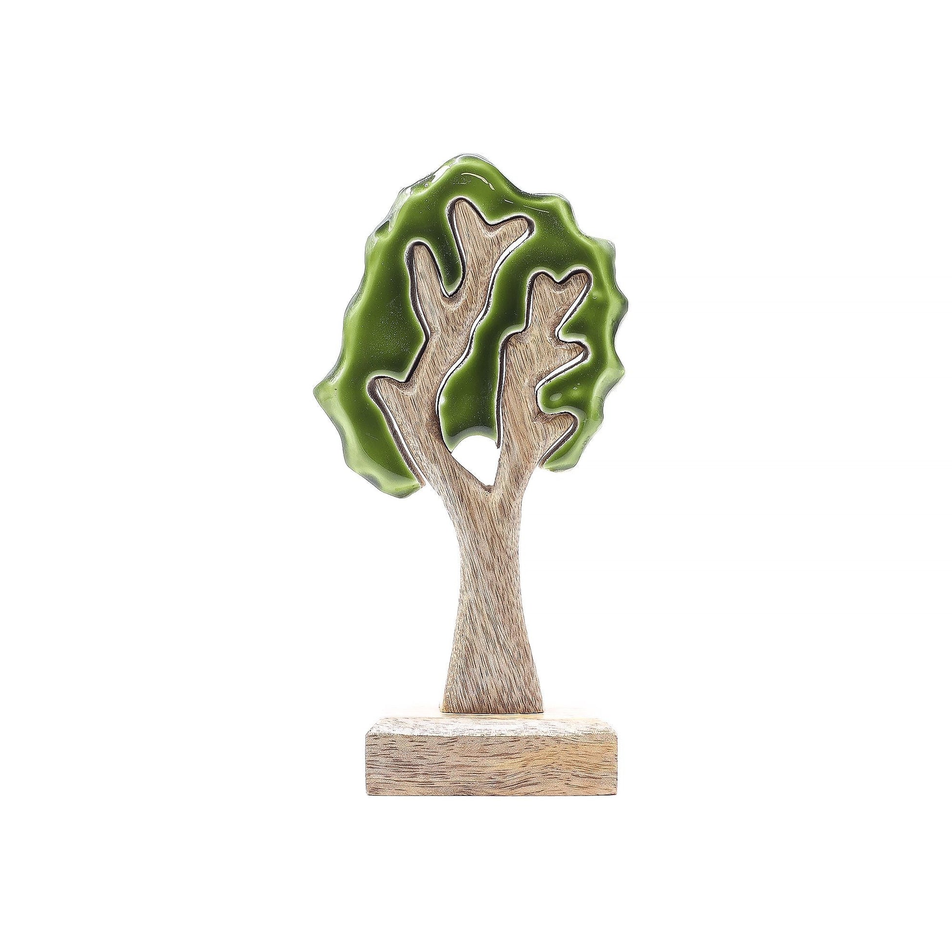 Alt Tag: Mango Wood 3D Tree Ornament – 20x10 CM handcrafted single tree decor with green enamel details on wooden base