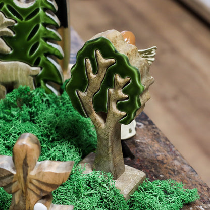 Mango Wood 3D Tree Ornament – 20x10 CM with green enamel details, handcrafted single tree decor on tabletop