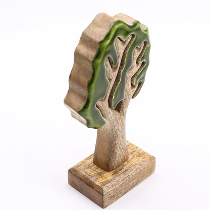 Alt Tag: Mango Wood 3D Tree Ornament – 20x10 CM, handmade tree decor in sustainable mango wood with green enamel detail