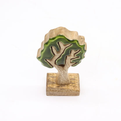 Alt Tag: Mango Wood 3D Tree Ornament – 20x10 CM handcrafted mango wood tree decor with green enamel detail, 3D forest ornament