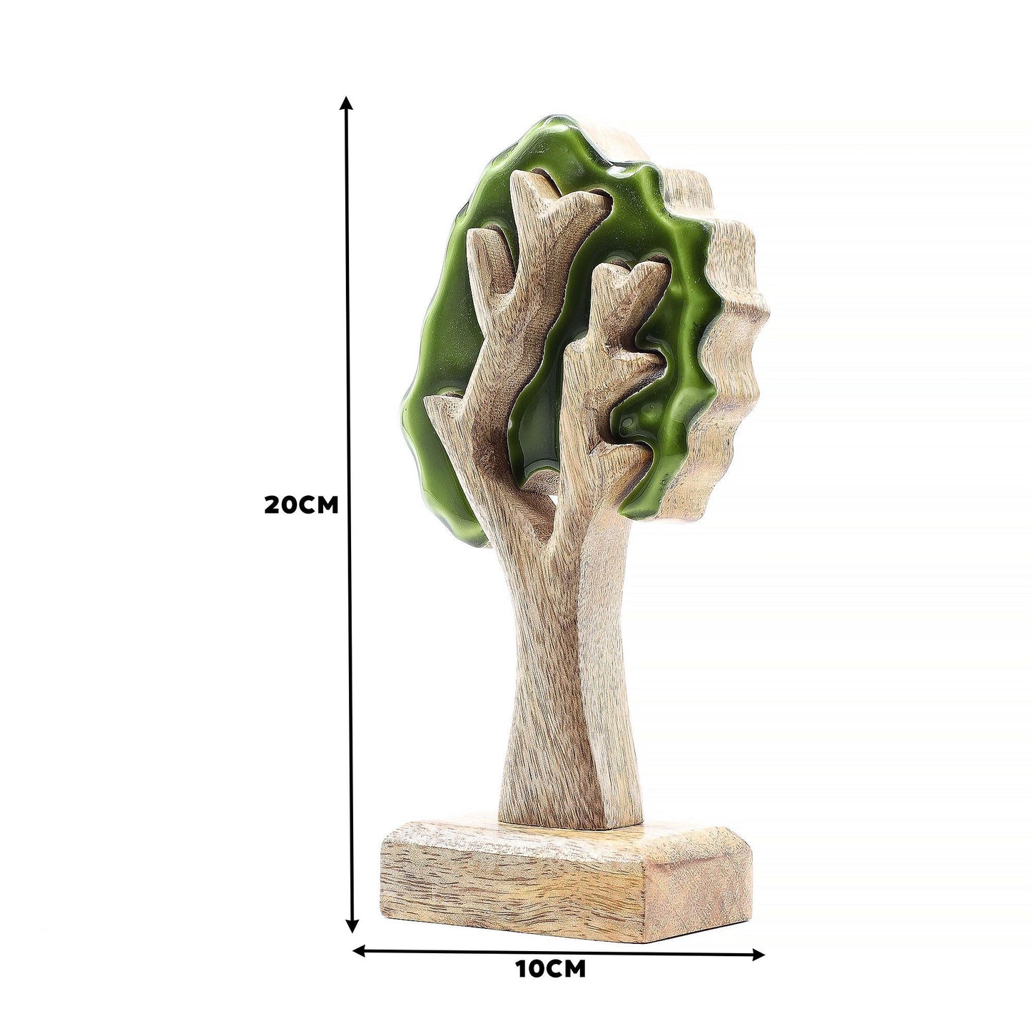 Alt Tag: Mango Wood 3D Tree Ornament – 20x10 CM, handcrafted tree decor with green enamel details, 20cm tall x 10cm wide
