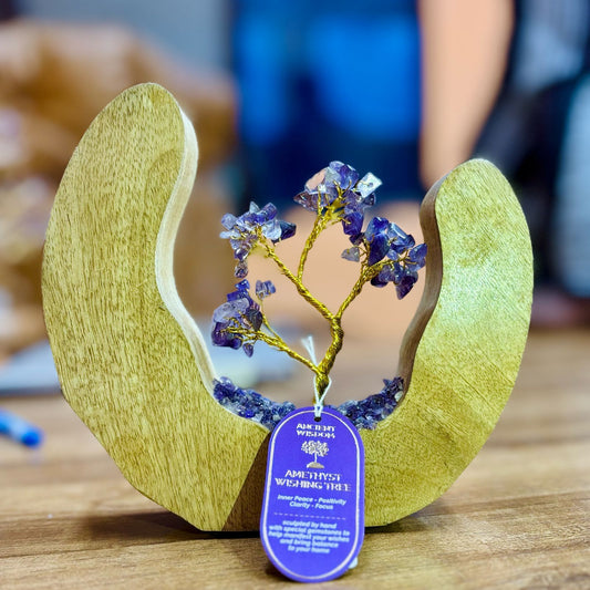 Mango Wood Gemstone Tree – Amethyst, 60 Chips with handcrafted amethyst chip branches in sustainably sourced mango wood ring base