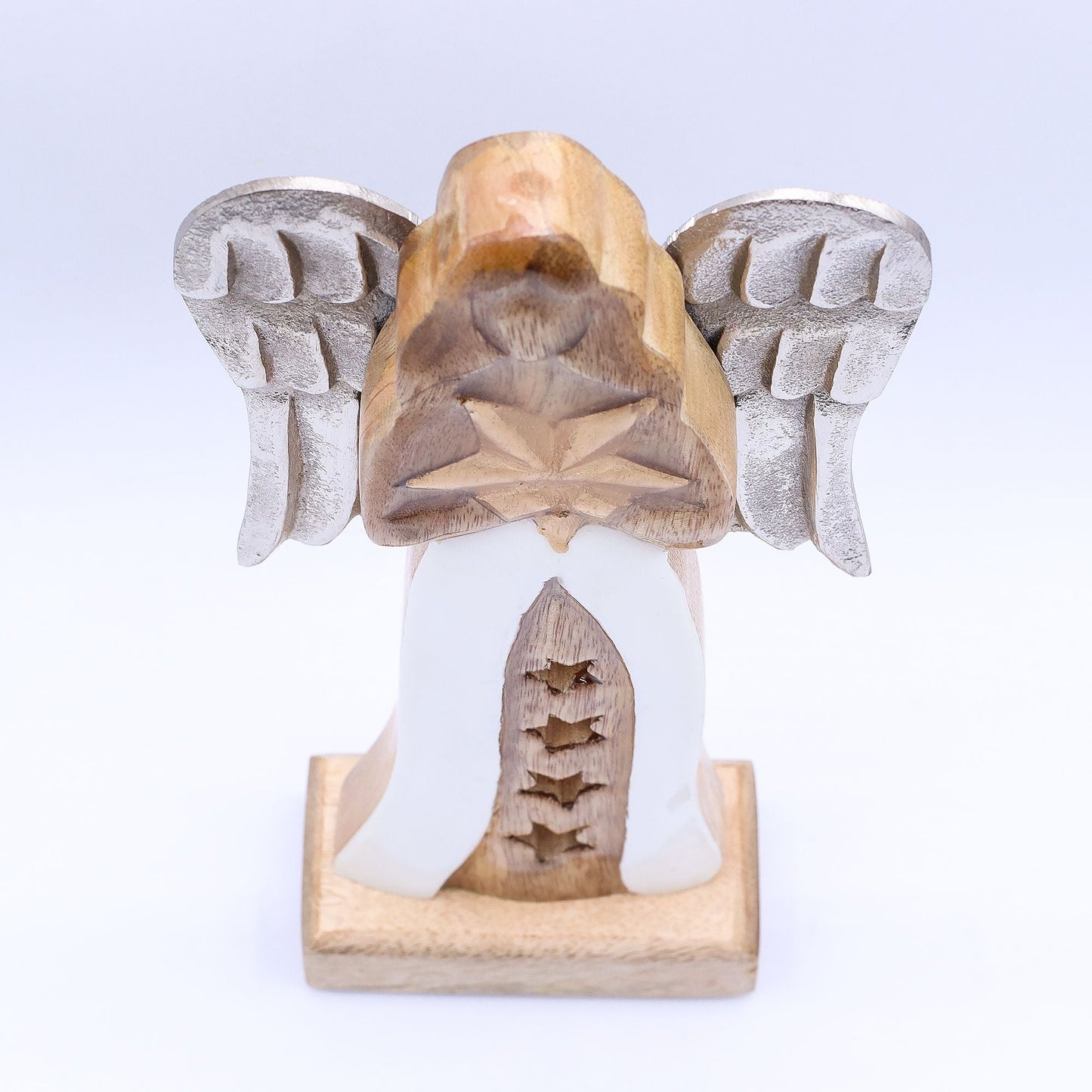 Alt Tag: Mango Wood Angel – 30 CM Hand-Carved Elegance figurine with metal wings and white enamel robe, rear view