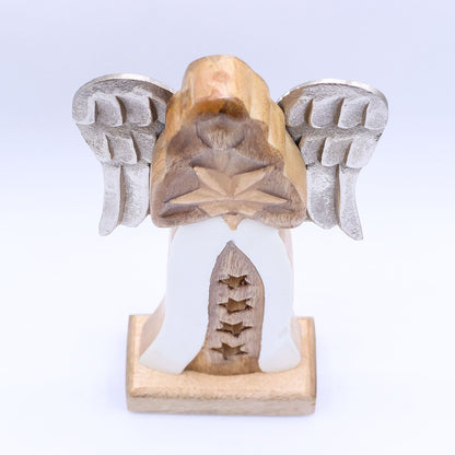 Alt Tag: Mango Wood Angel – 30 CM Hand-Carved Elegance figurine with metal wings and white enamel robe, rear view