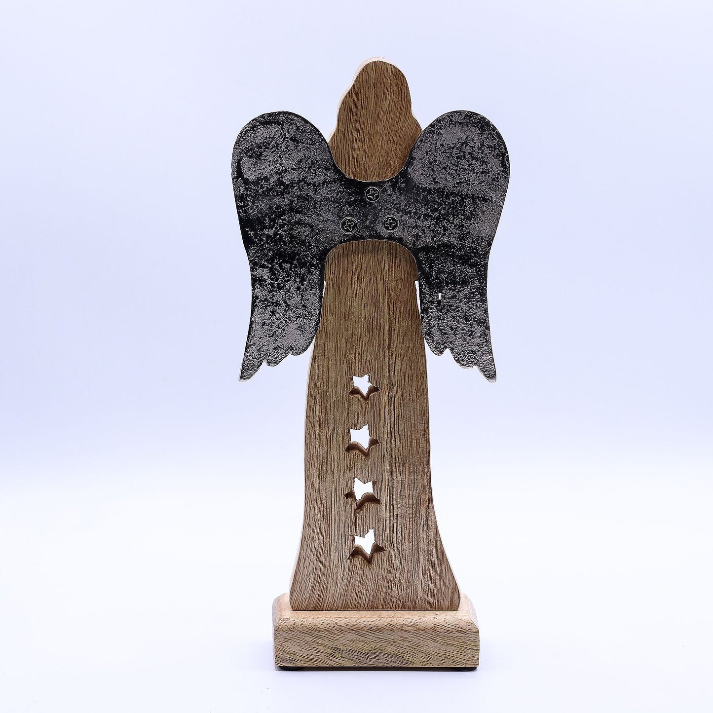 Alt Tag: Mango Wood Angel – 30 CM Hand-Carved Elegance with metal wings, enamel robe and star cutouts, 30 cm tall decor