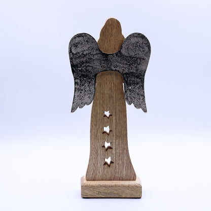 Alt Tag: Mango Wood Angel – 30 CM Hand-Carved Elegance with metal wings, enamel robe and star cutouts, 30 cm tall decor