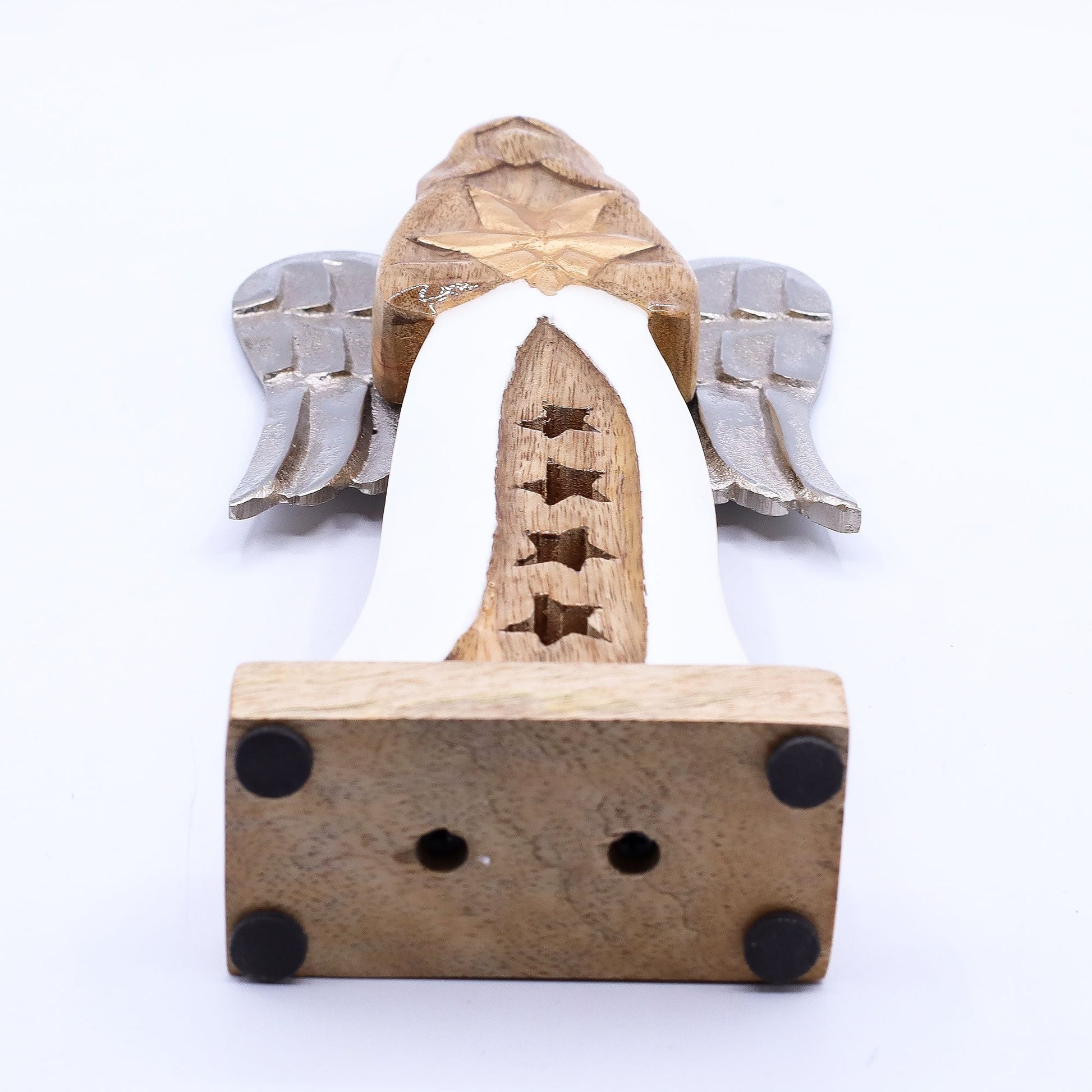 Alt Tag: Mango Wood Angel – 30 CM Hand-Carved Elegance, base view showing mango wood carving with metal wings and enamel robe