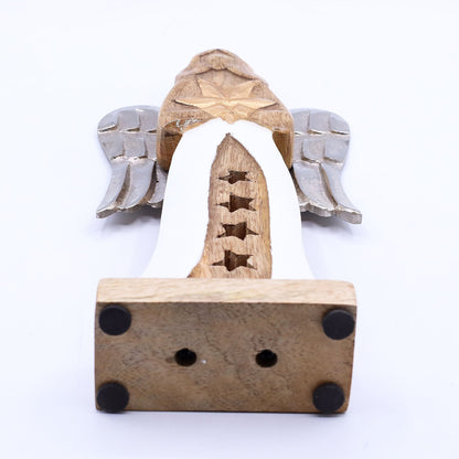 Alt Tag: Mango Wood Angel – 30 CM Hand-Carved Elegance, base view showing mango wood carving with metal wings and enamel robe
