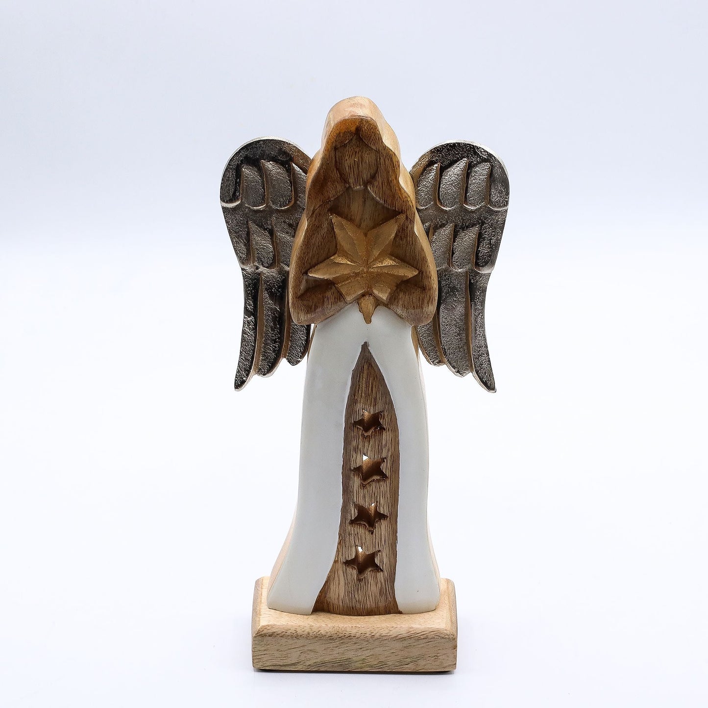 Mango Wood Angel – 30 CM Hand-Carved Elegance figurine with metal wings and white enamel robe, front view
