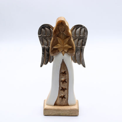 Mango Wood Angel – 30 CM Hand-Carved Elegance figurine with metal wings and white enamel robe, front view