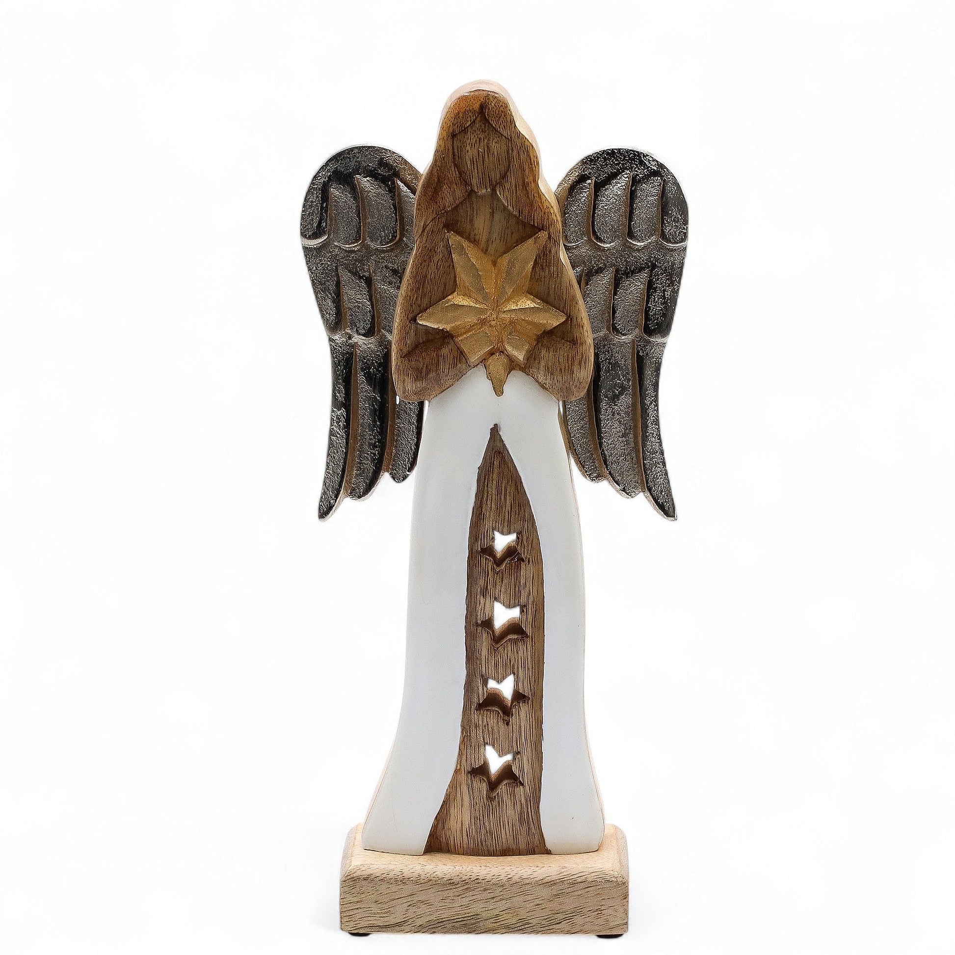 Mango Wood Angel – 30 CM Hand-Carved Elegance figurine with metal wings and white enamel robe, front view
