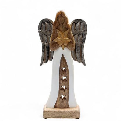 Mango Wood Angel – 30 CM Hand-Carved Elegance figurine with metal wings and white enamel robe, front view