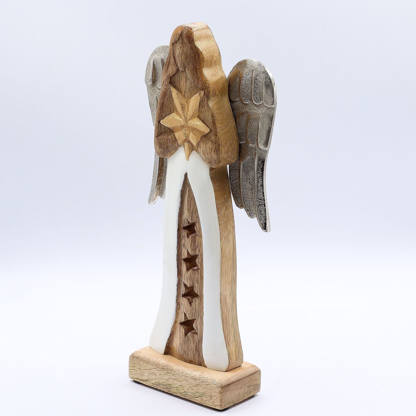 Mango Wood Angel – 30 CM Hand-Carved Elegance figurine with metal wings and white enamel robe, front view