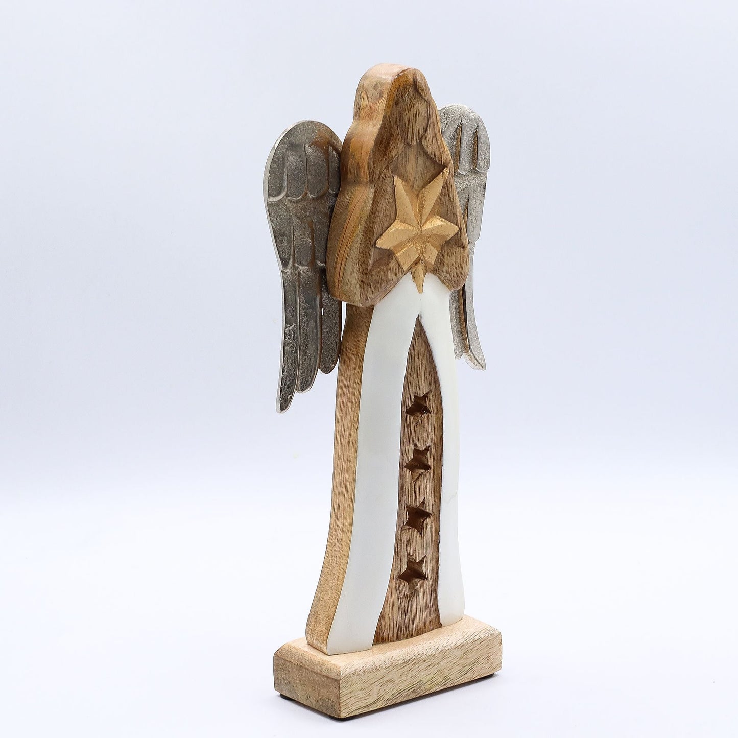 Alt Tag: Mango Wood Angel – 30 CM Hand-Carved Elegance figurine with metal wings and enamel robe, standing on wooden base