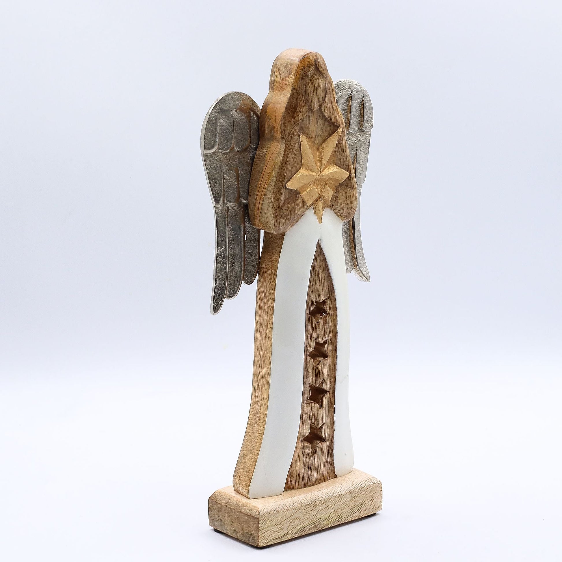 Alt Tag: Mango Wood Angel – 30 CM Hand-Carved Elegance figurine with metal wings and enamel robe, standing on wooden base