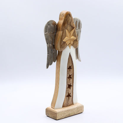 Alt Tag: Mango Wood Angel – 30 CM Hand-Carved Elegance figurine with metal wings and enamel robe, standing on wooden base