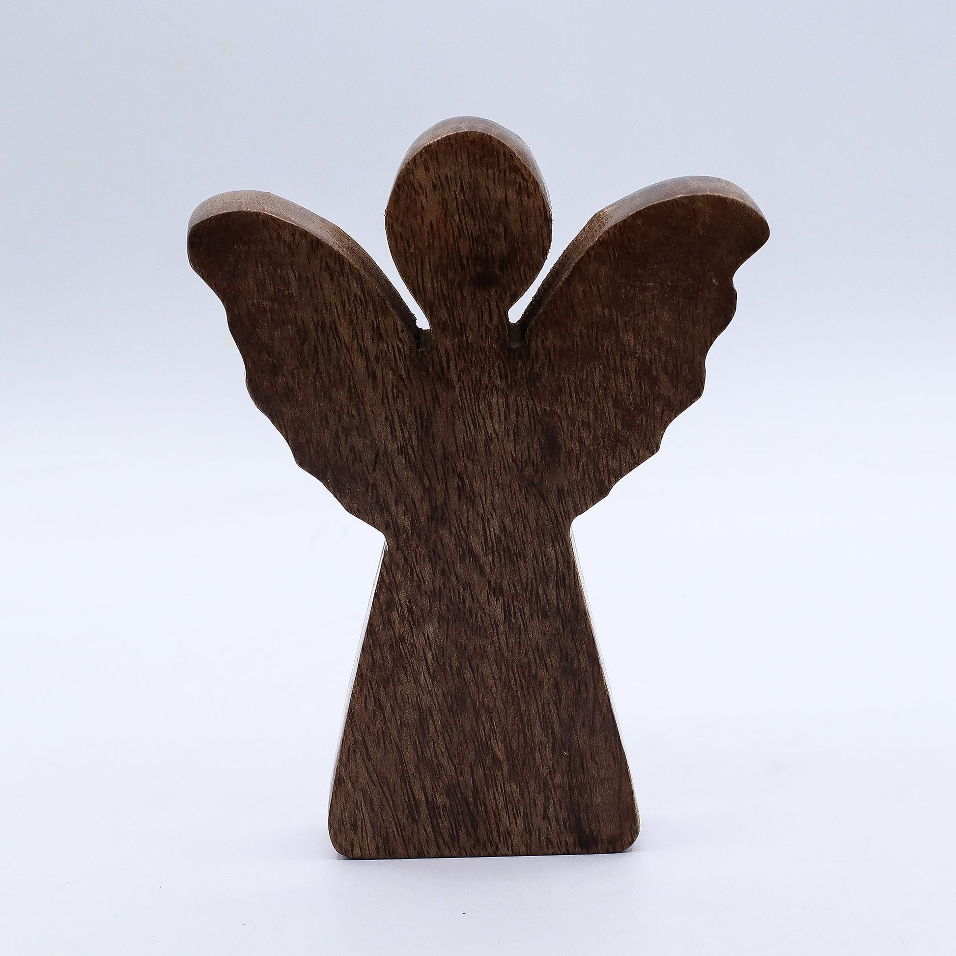 Alt Tag: Mango Wood Angel – Gold Wings 16CM hand-carved mango wood angel decor, 16CM tall with gold wings, front view