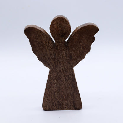 Alt Tag: Mango Wood Angel – Gold Wings 16CM hand-carved mango wood angel decor, 16CM tall with gold wings, front view