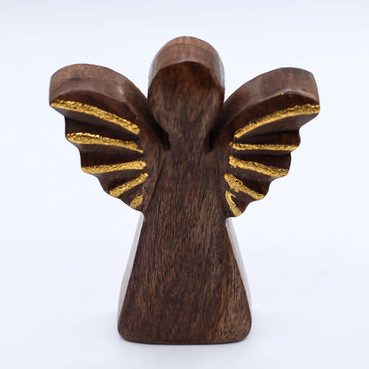 Alt Tag: Mango Wood Angel – Gold Wings 16CM hand-carved mango wood angel figurine with shimmering gold wings, 16cm tall