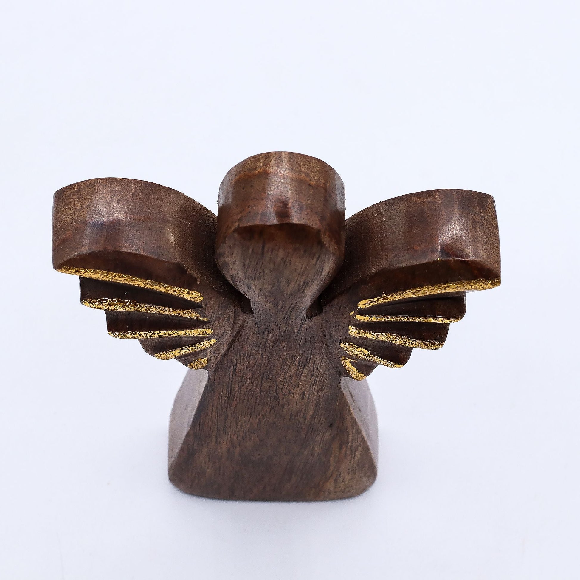 Mango Wood Angel – Gold Wings 16CM hand-carved mango wood angel figurine with gold wings, 16cm decor