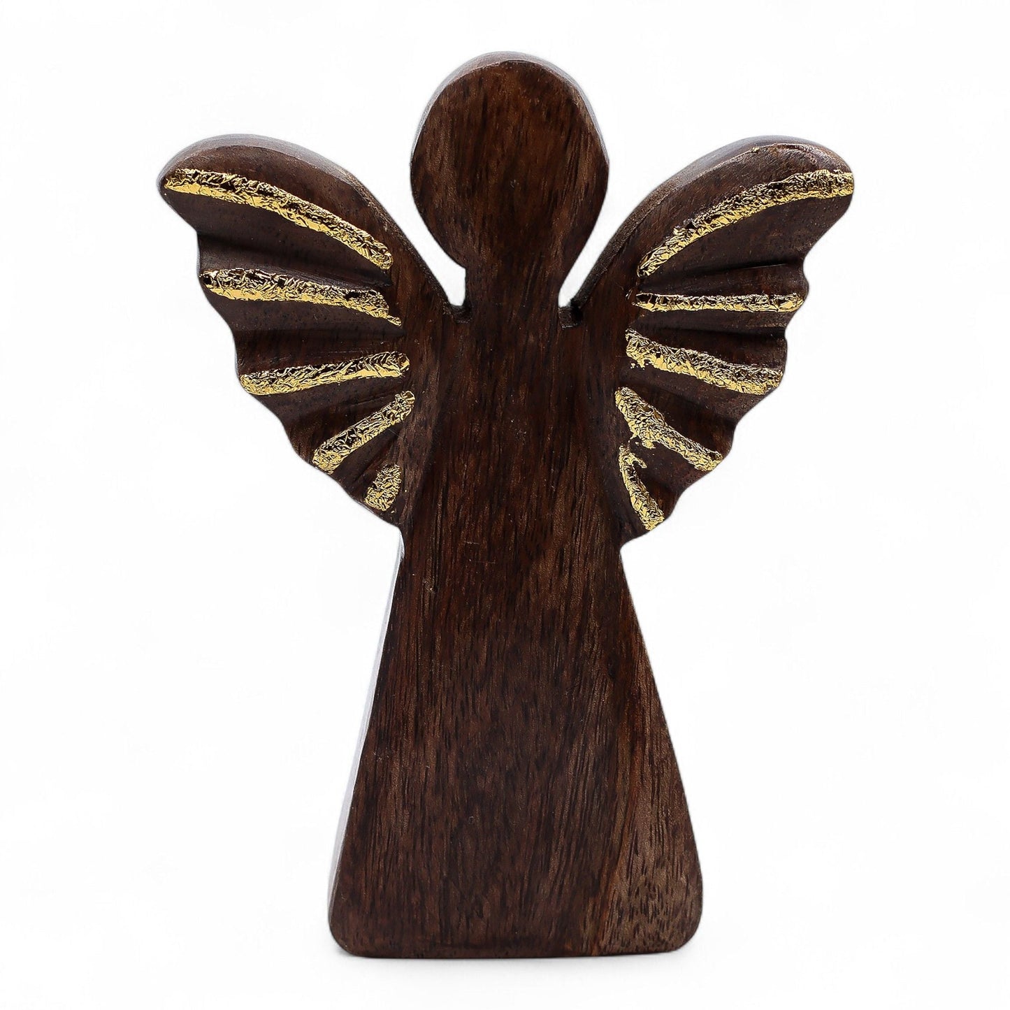 Alt Tag: Mango Wood Angel – Gold Wings 16CM, hand-carved mango wood angel figurine with gold-accented wings, 16cm tall