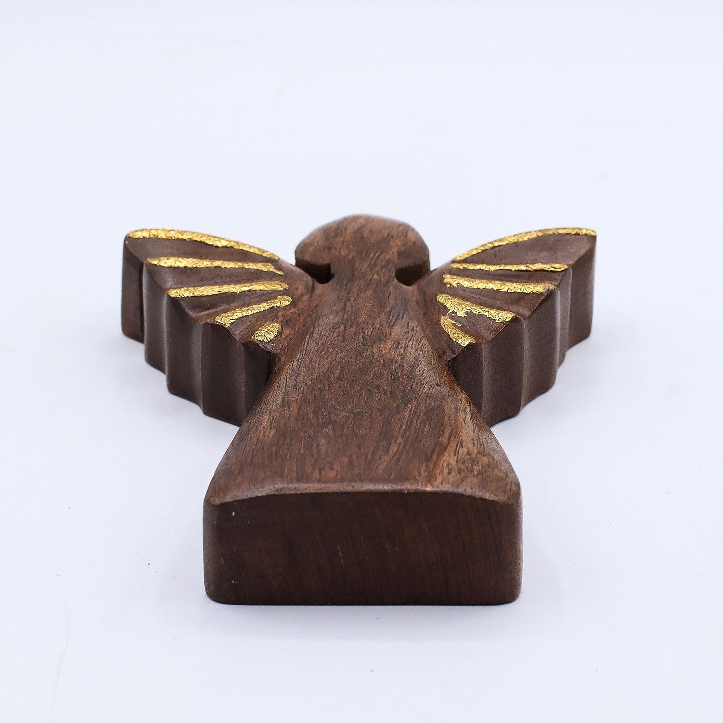 Alt Tag: Mango Wood Angel – Gold Wings 16CM hand-carved mango wood angel decor with gold wings, 16cm tall