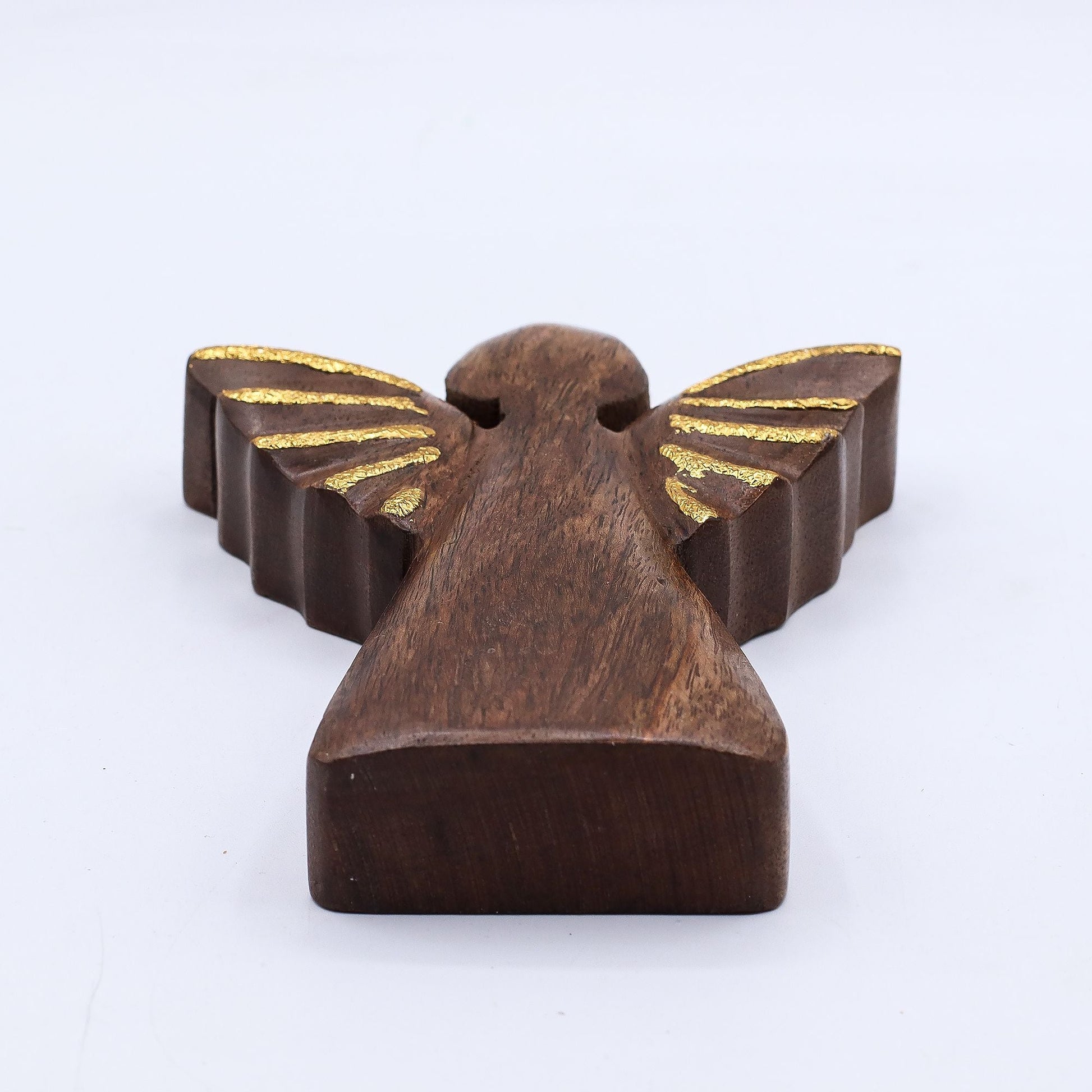 Alt Tag: Mango Wood Angel – Gold Wings 16CM hand-carved mango wood angel decor with gold wings, 16cm tall