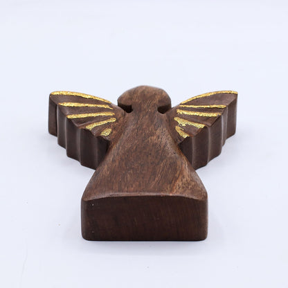 Alt Tag: Mango Wood Angel – Gold Wings 16CM hand-carved mango wood angel decor with gold wings, 16cm tall